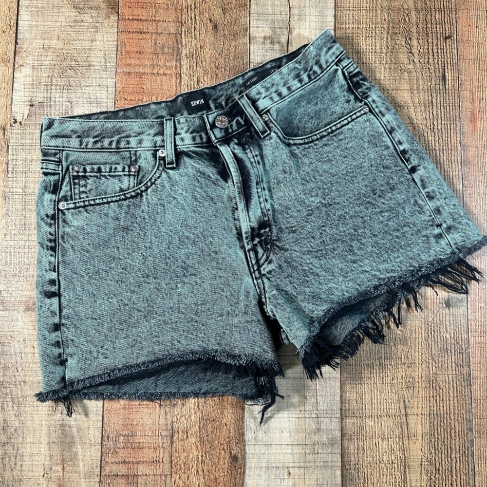 Edwin Green Acid Wash Cai Short Cut Off High Rise Denim Button Fly Shorts 30